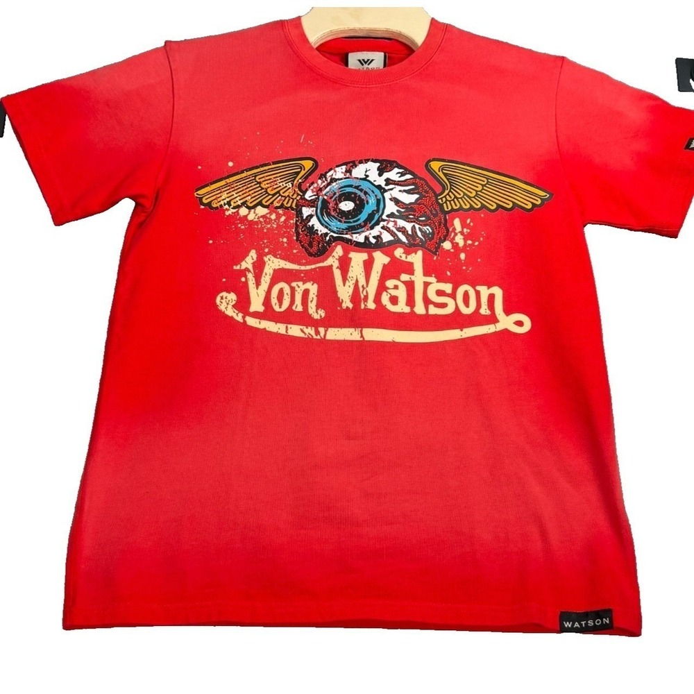 Von Watson Mens Red Graphic T-Shirt Winged Eyeball Rhinestone Streetwear Medium